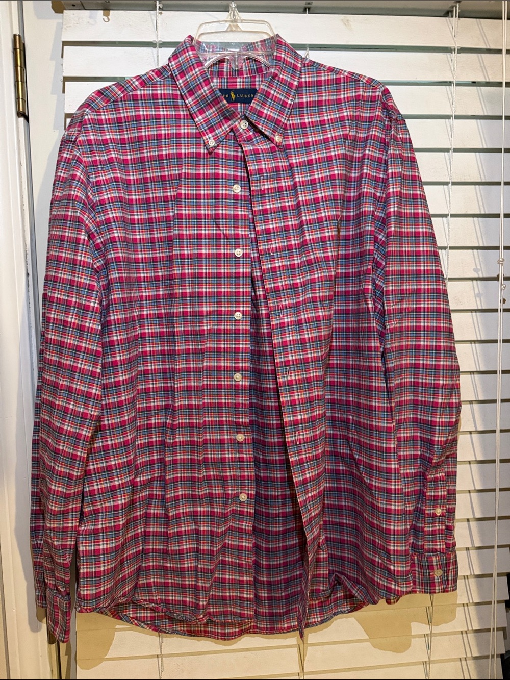 Ralph Lauren Men's Red and Navy Plaid Button-Down Shirt